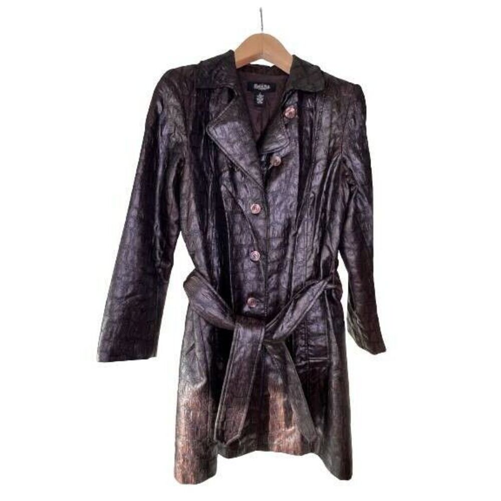 Peck & Peck Jacket Womens Large Brown Long Rain Faux Crocodile Notch Lapel Lined